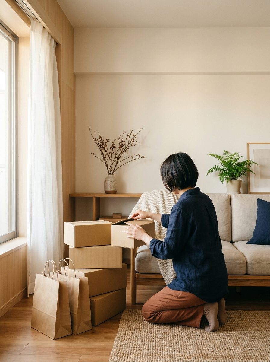 朝の光が入るリビングで、届いた段ボールを開けている人（イメージ）