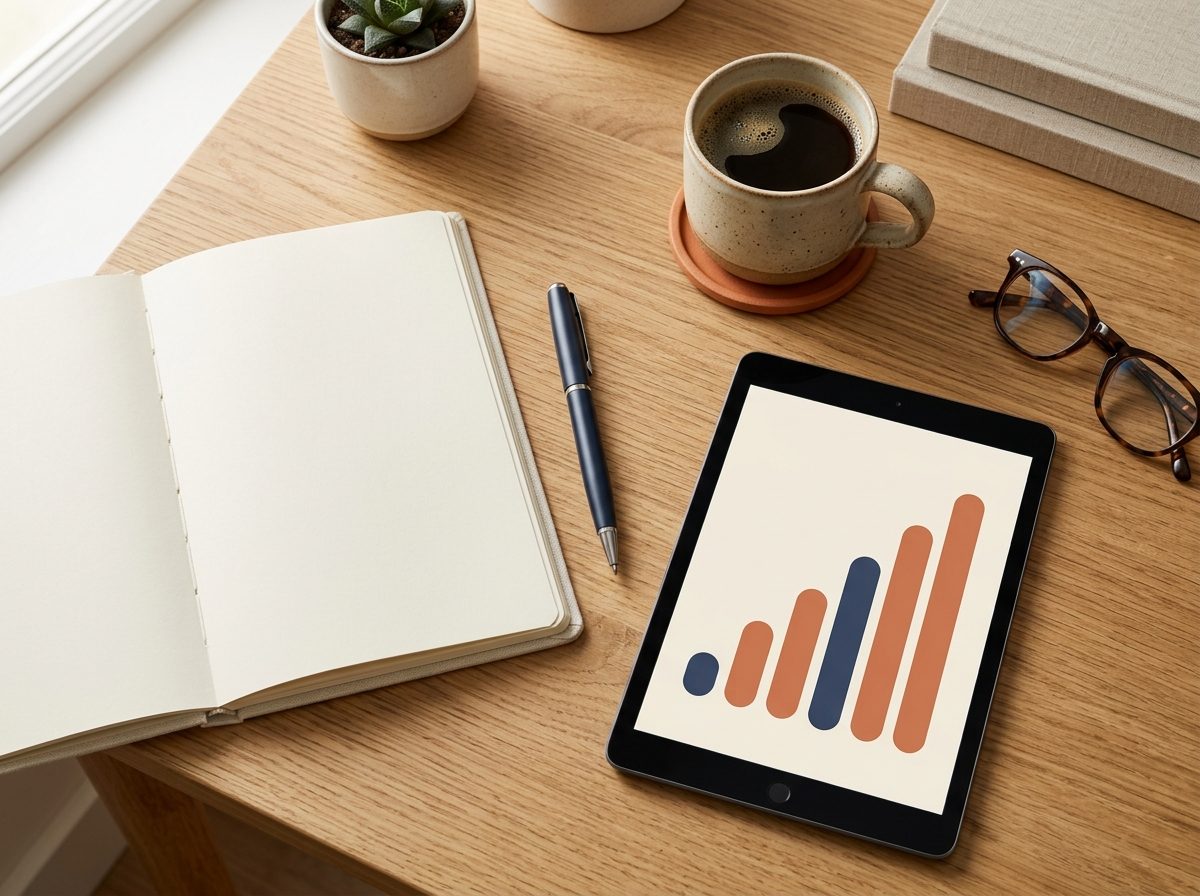 机の上のノートとタブレットに表示された右肩上がりのグラフ(イメージ)
